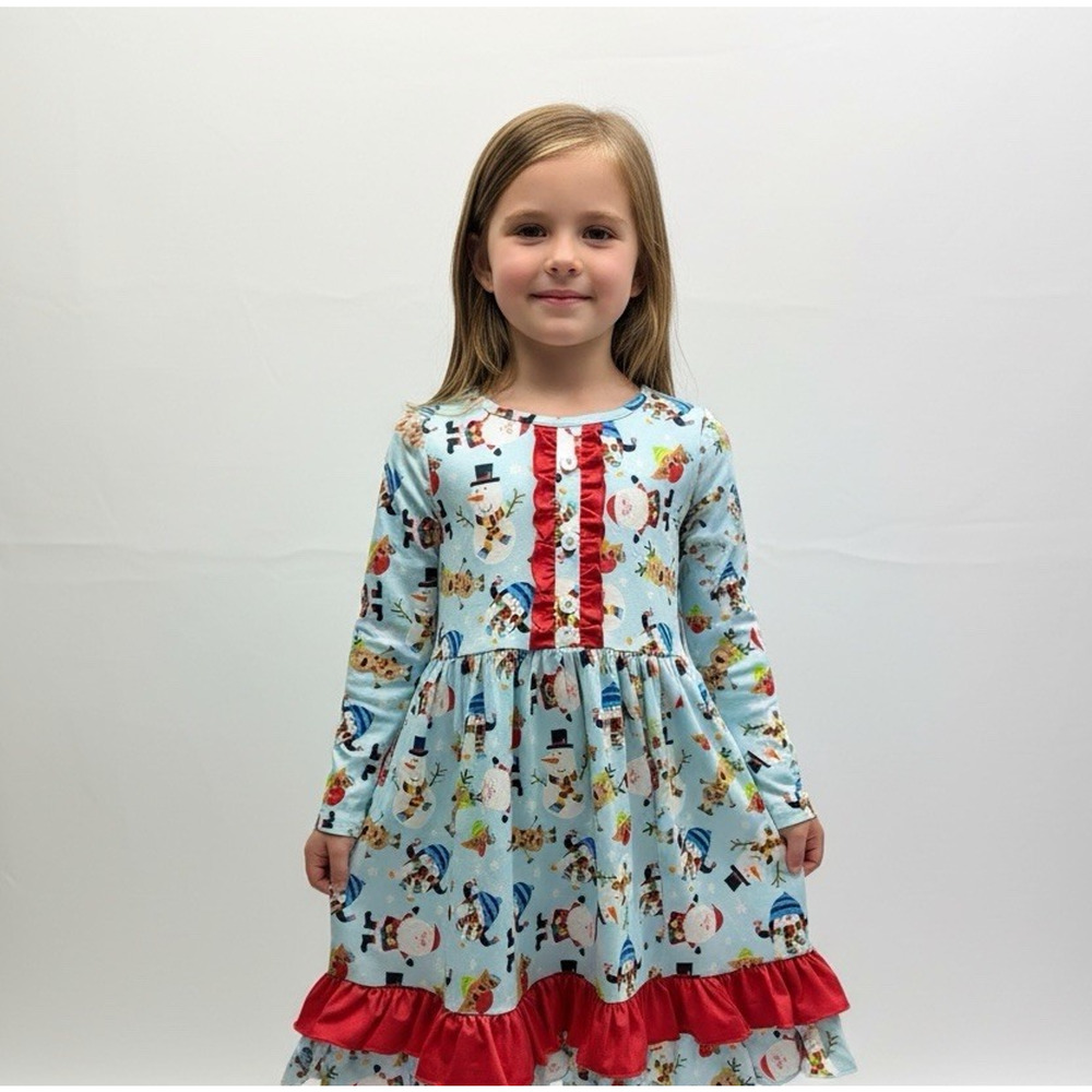 Pete & Lucy Christmas Dress Girls 7/8 Snowman Santa Plush Holiday Ruffle